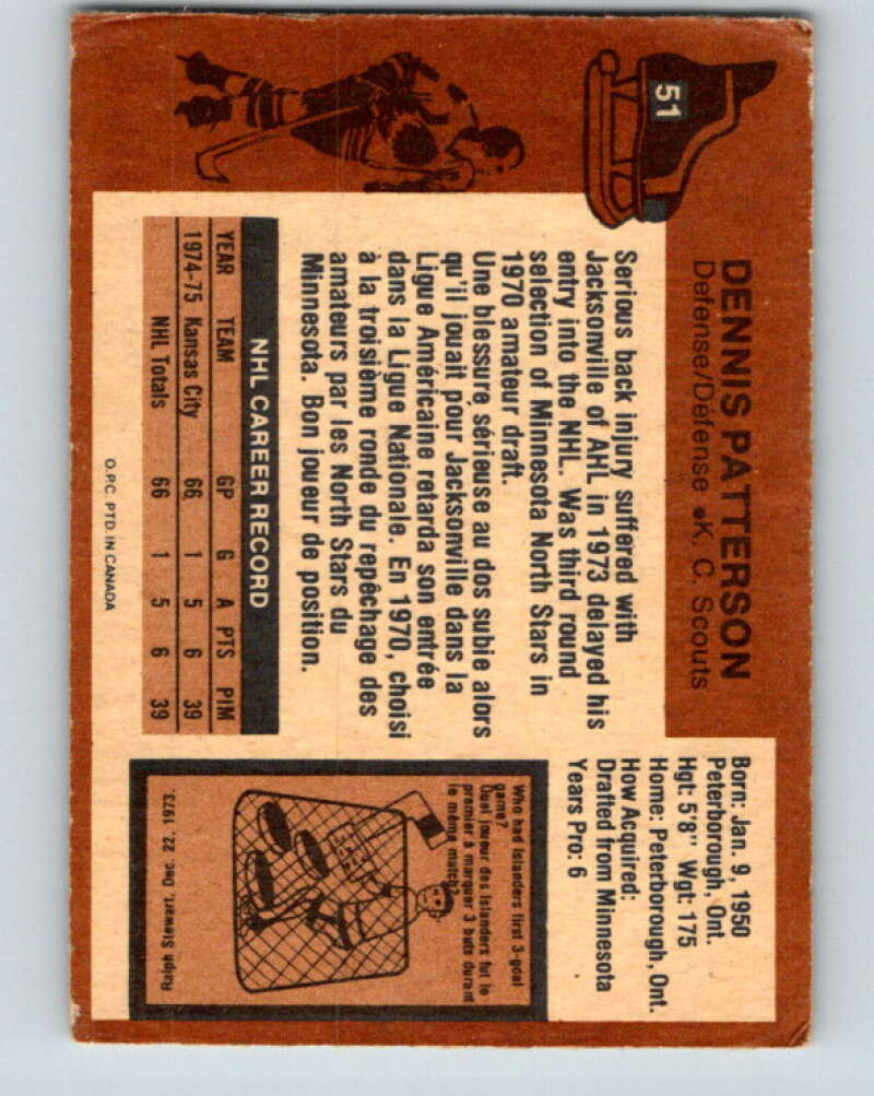 1975-76 O-Pee-Chee #51 Dennis Patterson RC Rookie Scouts V5406