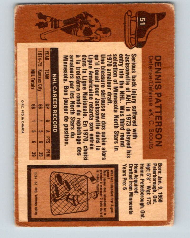 1975-76 O-Pee-Chee #51 Dennis Patterson RC Rookie Scouts V5407