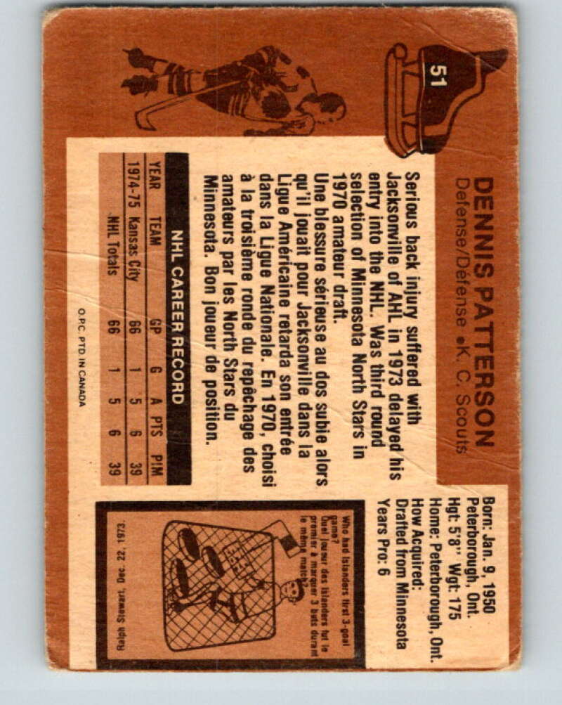 1975-76 O-Pee-Chee #51 Dennis Patterson RC Rookie Scouts V5408