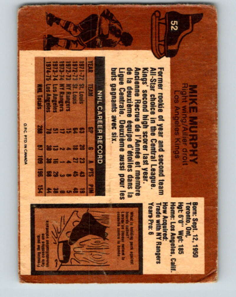 1975-76 O-Pee-Chee #52 Mike Murphy Los Angeles Kings V5411
