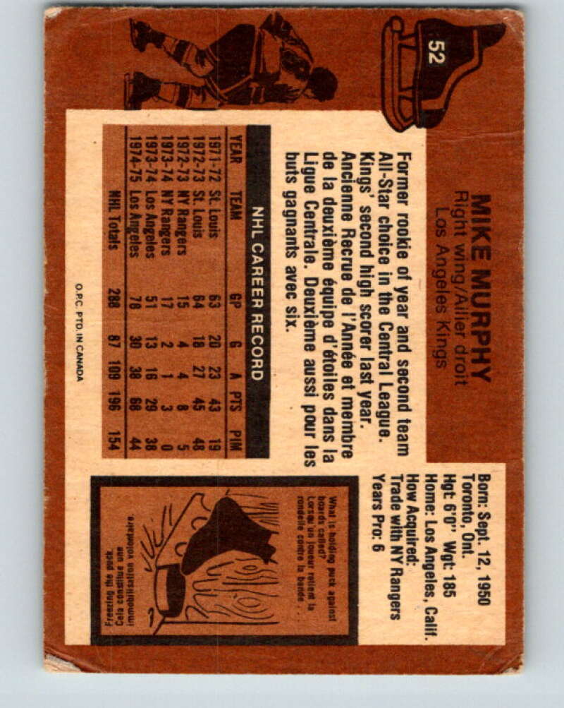 1975-76 O-Pee-Chee #52 Mike Murphy Los Angeles Kings V5412