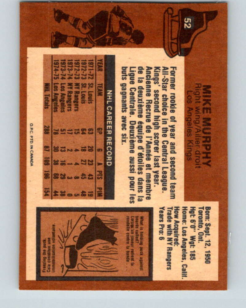 1975-76 O-Pee-Chee #52 Mike Murphy Los Angeles Kings V5413