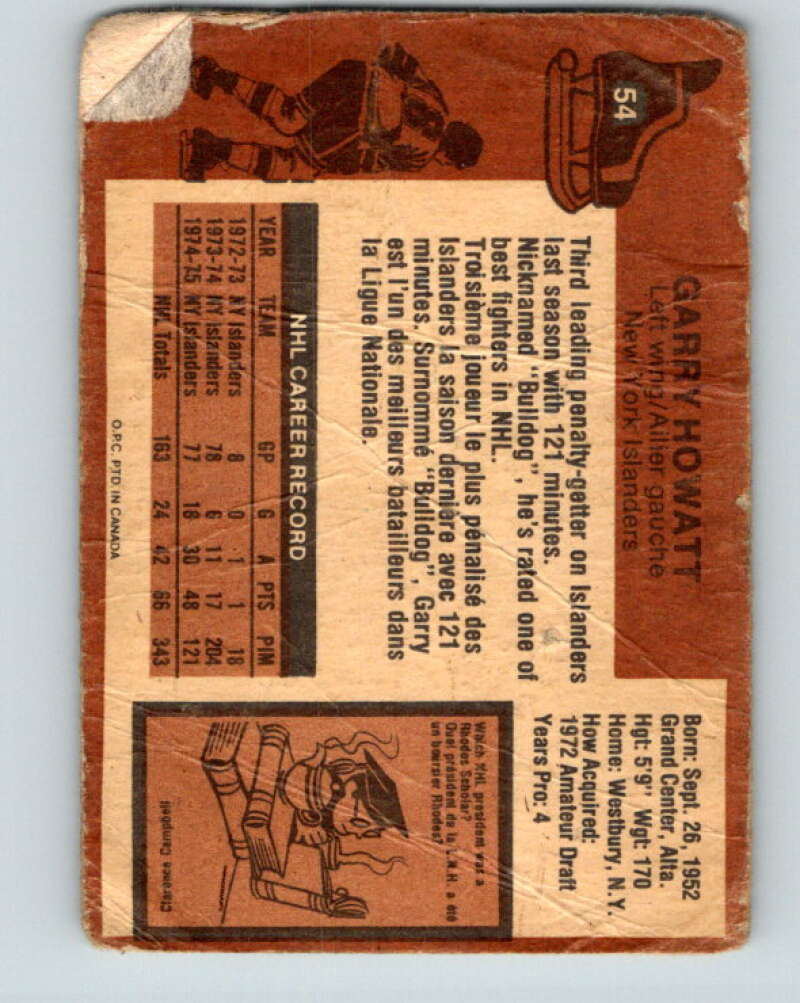 1975-76 O-Pee-Chee #54 Garry Howatt New York Islanders V5421