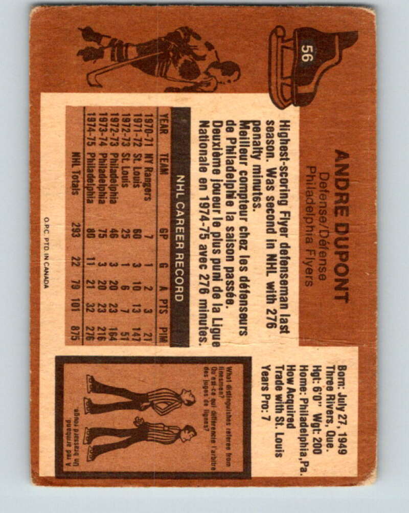 1975-76 O-Pee-Chee #56 Andre Dupont Philadelphia Flyers V5426