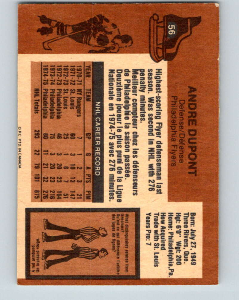 1975-76 O-Pee-Chee #56 Andre Dupont Philadelphia Flyers V5429