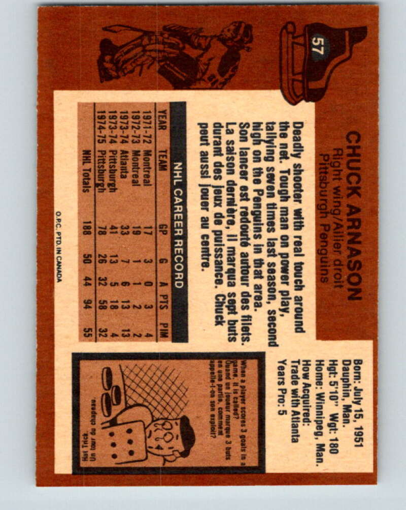 1975-76 O-Pee-Chee #57 Chuck Arnason Pittsburgh Penguins V5430