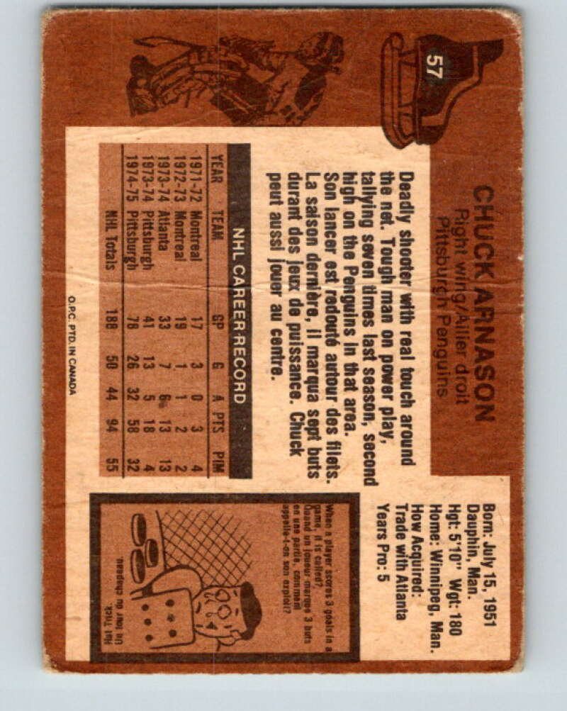 1975-76 O-Pee-Chee #57 Chuck Arnason Pittsburgh Penguins V5431