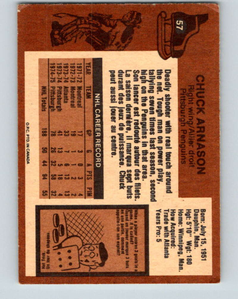 1975-76 O-Pee-Chee #57 Chuck Arnason Pittsburgh Penguins V5432