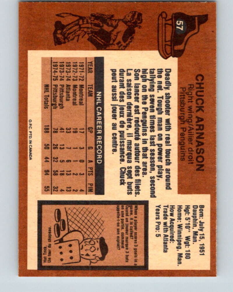 1975-76 O-Pee-Chee #57 Chuck Arnason Pittsburgh Penguins V5433