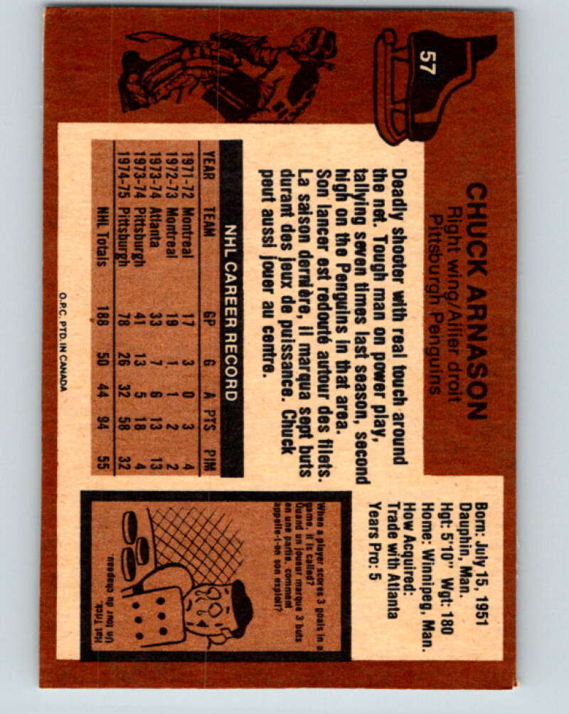 1975-76 O-Pee-Chee #57 Chuck Arnason Pittsburgh Penguins V5434
