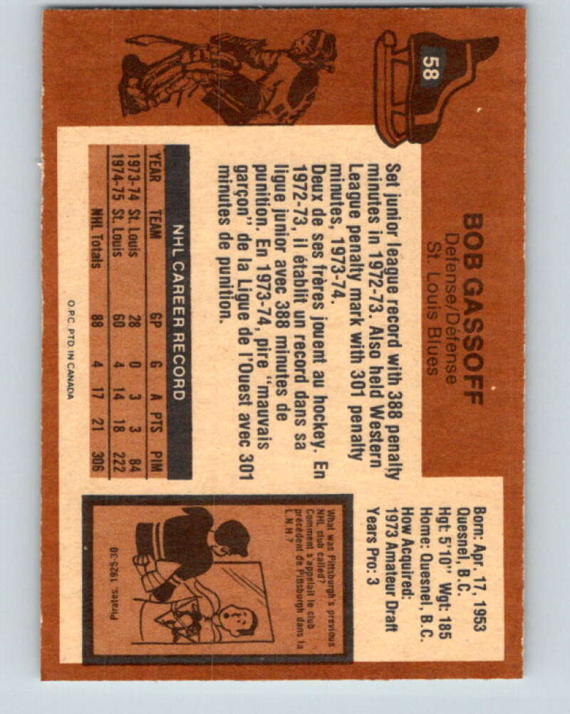 1975-76 O-Pee-Chee #58 Bob Gassoff RC Rookie St. Louis Blues V5435