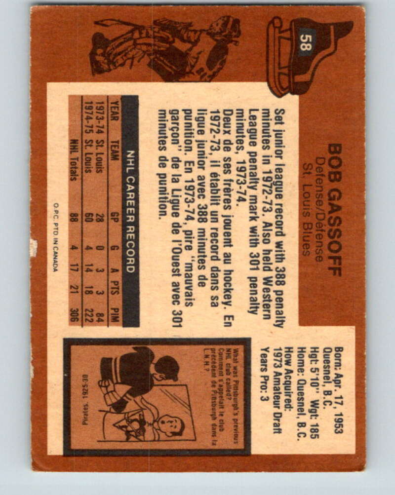 1975-76 O-Pee-Chee #58 Bob Gassoff RC Rookie St. Louis Blues V5437
