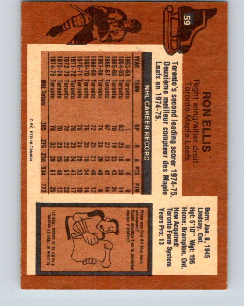 1975-76 O-Pee-Chee #59 Ron Ellis Toronto Maple Leafs V5440