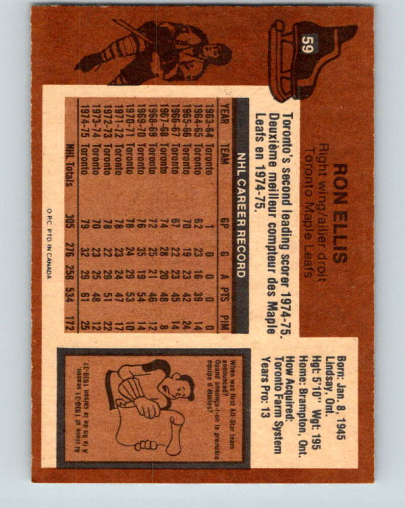 1975-76 O-Pee-Chee #59 Ron Ellis Toronto Maple Leafs V5441