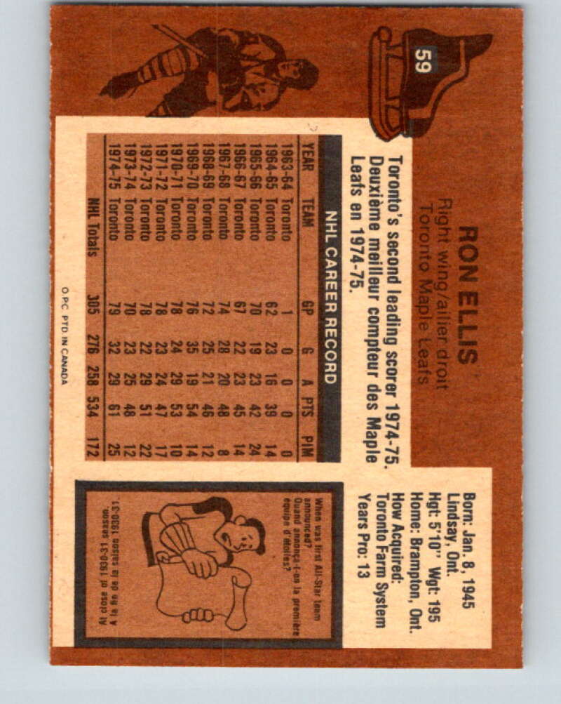 1975-76 O-Pee-Chee #59 Ron Ellis Toronto Maple Leafs V5442