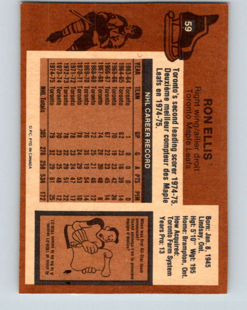 1975-76 O-Pee-Chee #59 Ron Ellis Toronto Maple Leafs V5443
