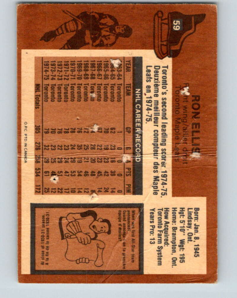 1975-76 O-Pee-Chee #59 Ron Ellis Toronto Maple Leafs V5444