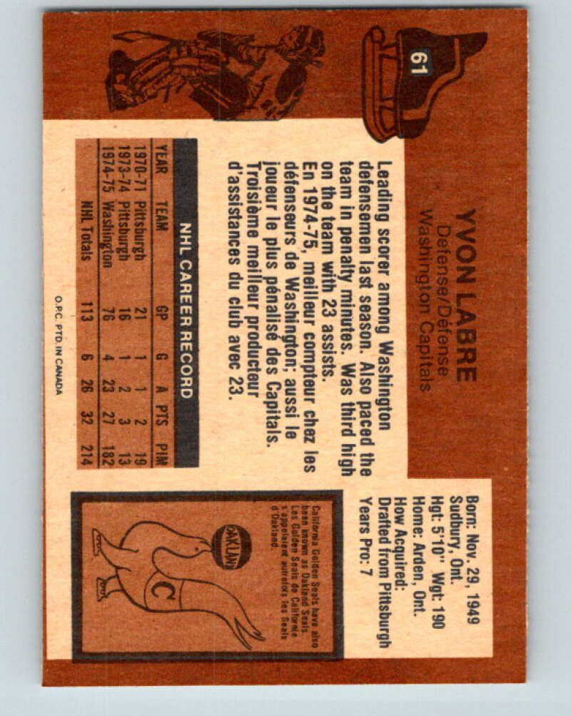 1975-76 O-Pee-Chee #61 Yvon Labre Washington Capitals V5449