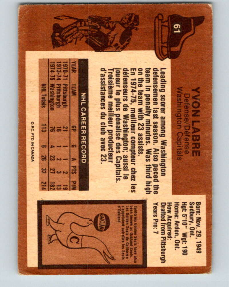 1975-76 O-Pee-Chee #61 Yvon Labre Washington Capitals V5451