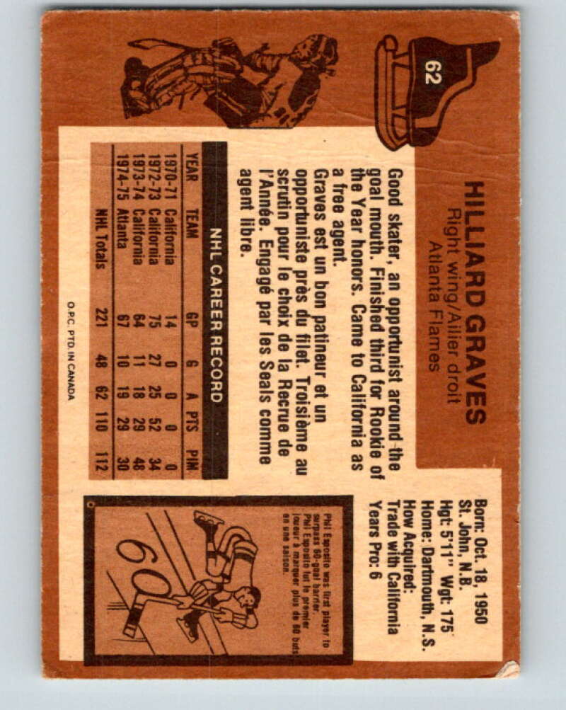 1975-76 O-Pee-Chee #62 Hilliard Graves Atlanta Flames V5453