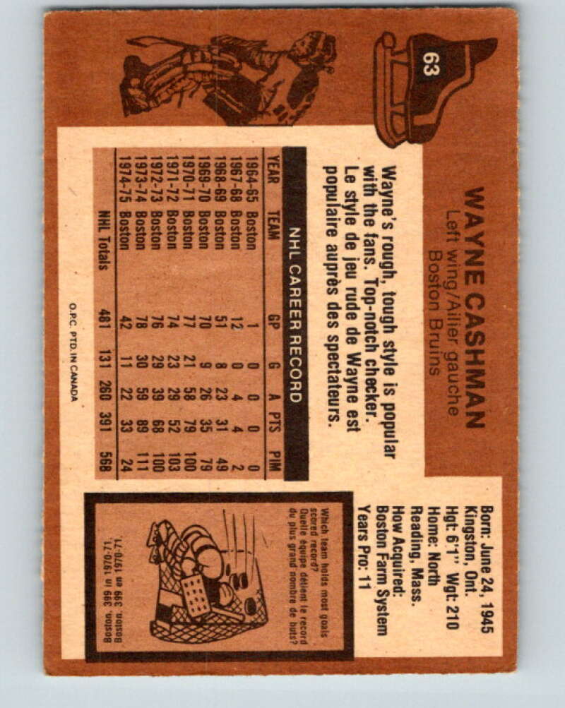 1975-76 O-Pee-Chee #63 Wayne Cashman Boston Bruins V5455
