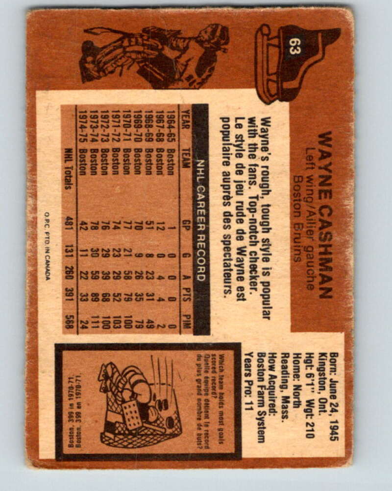 1975-76 O-Pee-Chee #63 Wayne Cashman Boston Bruins V5456