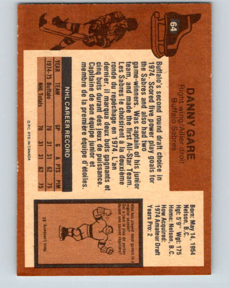 1975-76 O-Pee-Chee #64 Danny Gare RC Rookie Buffalo Sabres V5458
