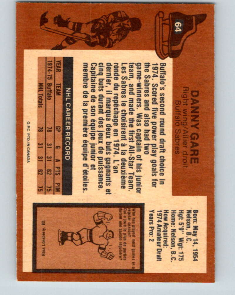 1975-76 O-Pee-Chee #64 Danny Gare RC Rookie Buffalo Sabres V5459