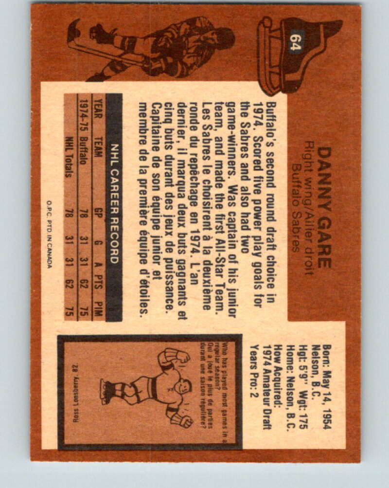 1975-76 O-Pee-Chee #64 Danny Gare RC Rookie Buffalo Sabres V5460