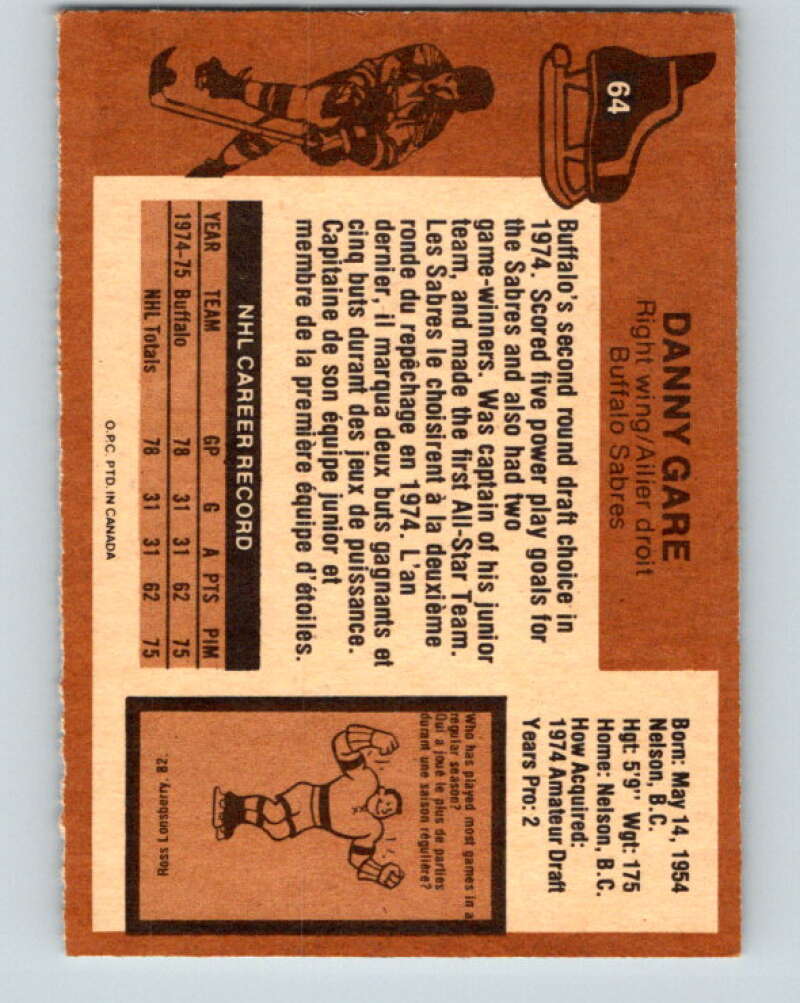 1975-76 O-Pee-Chee #64 Danny Gare RC Rookie Buffalo Sabres V5461