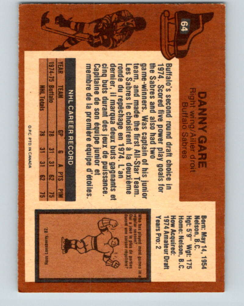1975-76 O-Pee-Chee #64 Danny Gare RC Rookie Buffalo Sabres V5462