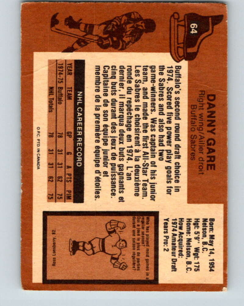 1975-76 O-Pee-Chee #64 Danny Gare RC Rookie Buffalo Sabres V5463