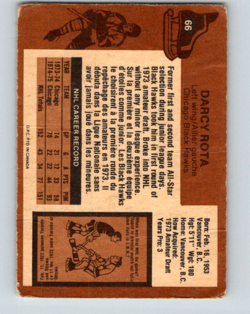 1975-76 O-Pee-Chee #66 Darcy Rota Chicago Blackhawks V5464