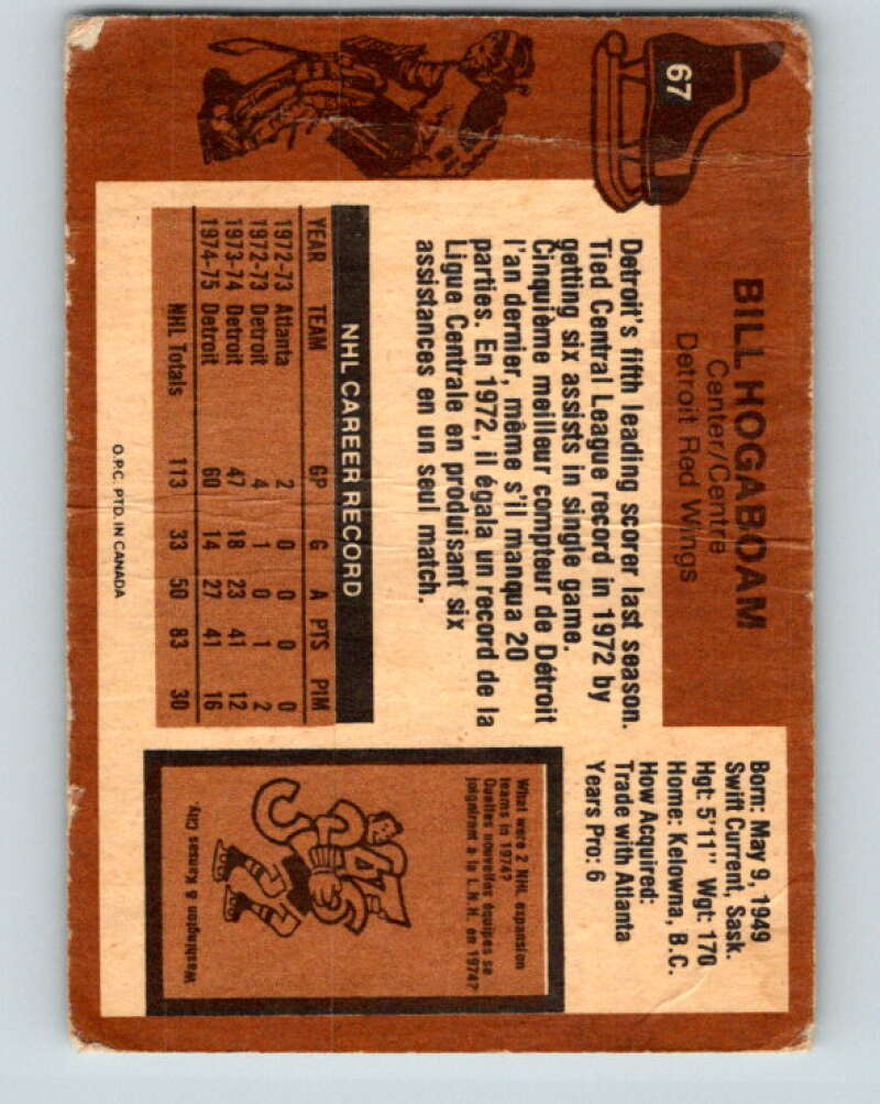 1975-76 O-Pee-Chee #67 Bill Hogaboam Detroit Red Wings V5465