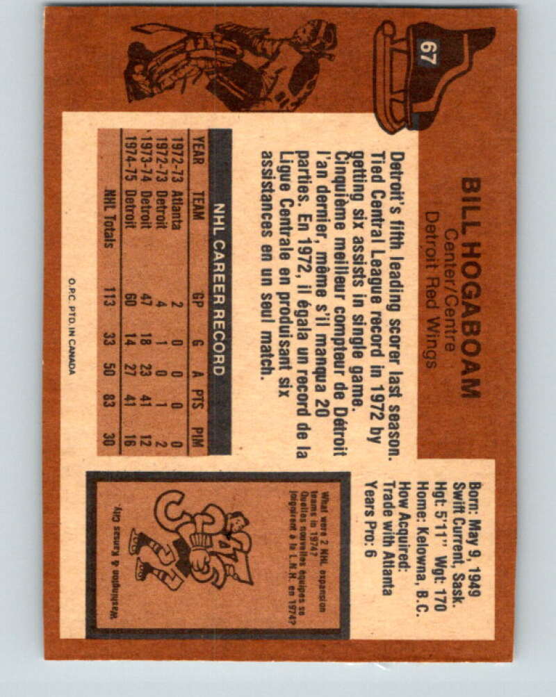1975-76 O-Pee-Chee #67 Bill Hogaboam Detroit Red Wings V5466