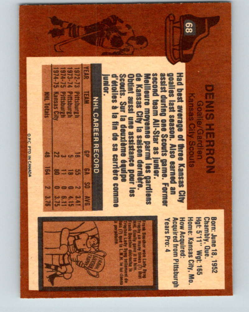 1975-76 O-Pee-Chee #68 Denis Herron Kansas City Scouts V5468