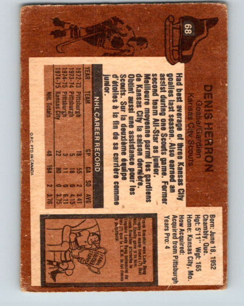 1975-76 O-Pee-Chee #68 Denis Herron Kansas City Scouts V5469