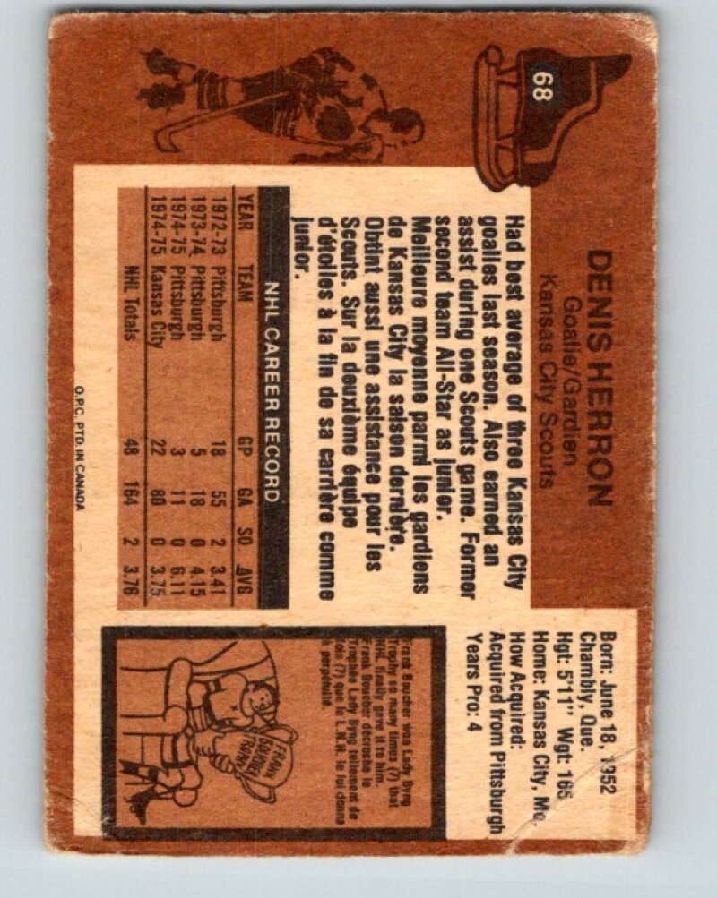 1975-76 O-Pee-Chee #68 Denis Herron Kansas City Scouts V5470
