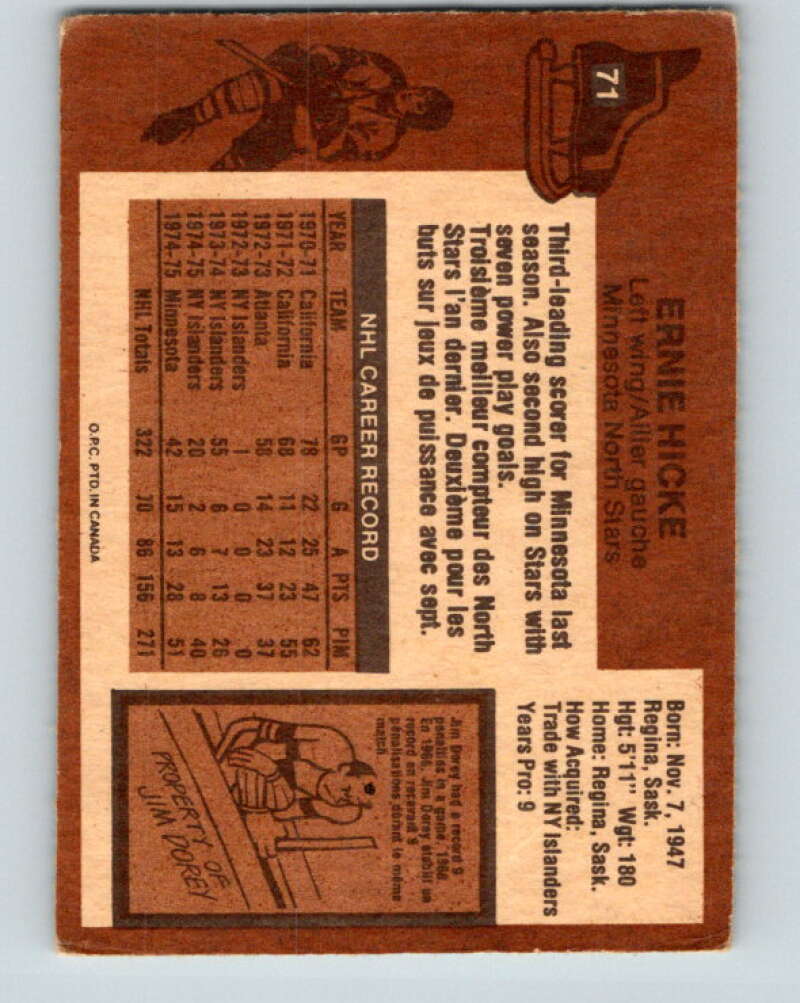 1975-76 O-Pee-Chee #71 Ernie Hicke Minnesota North Stars V5480