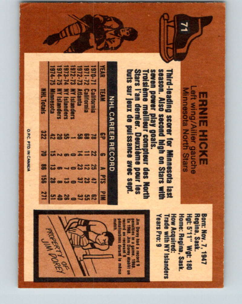 1975-76 O-Pee-Chee #71 Ernie Hicke Minnesota North Stars V5481