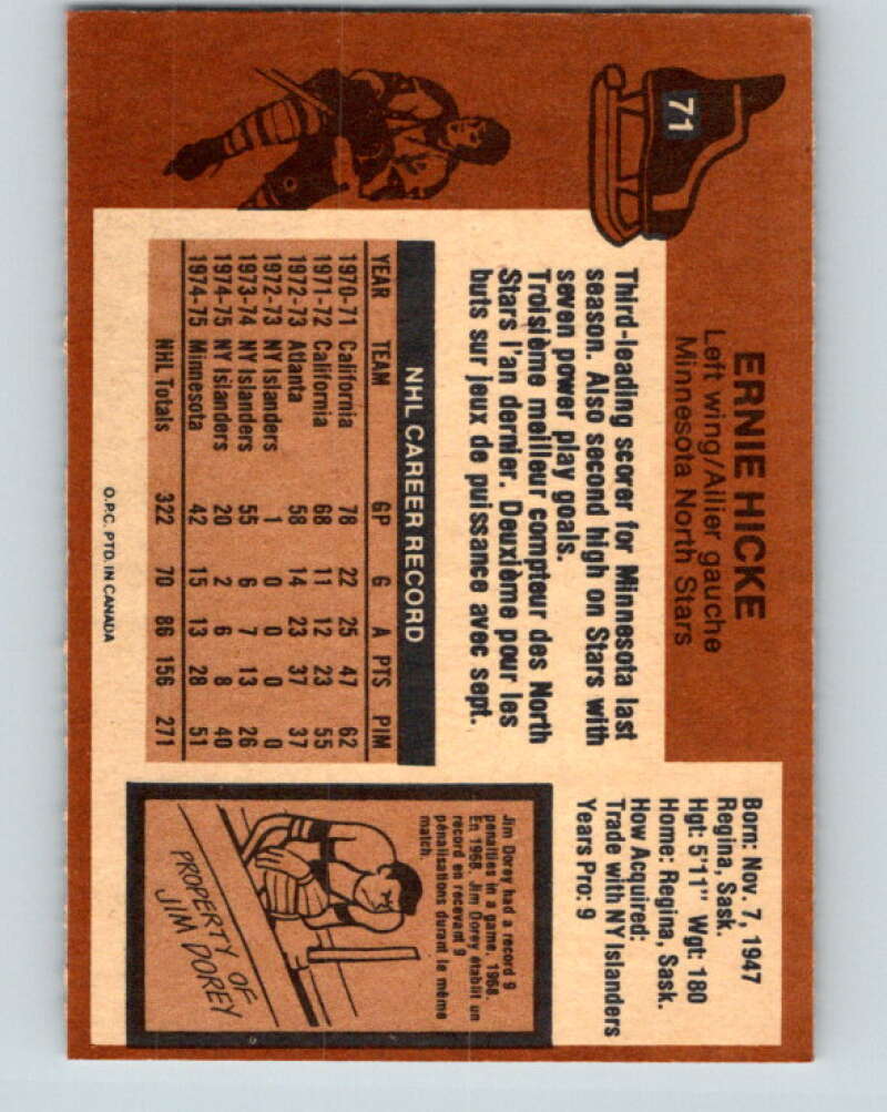 1975-76 O-Pee-Chee #71 Ernie Hicke Minnesota North Stars V5482