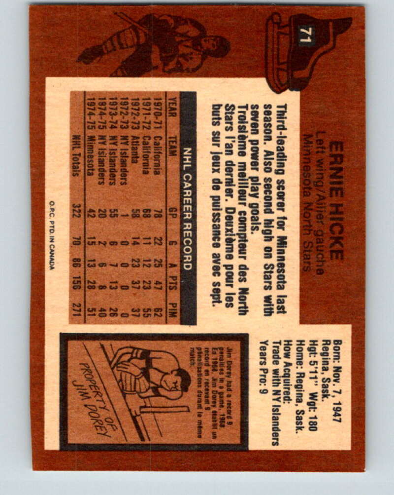 1975-76 O-Pee-Chee #71 Ernie Hicke Minnesota North Stars V5484
