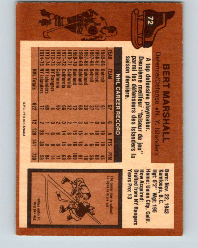 1975-76 O-Pee-Chee #72 Bert Marshall New York Islanders V5485