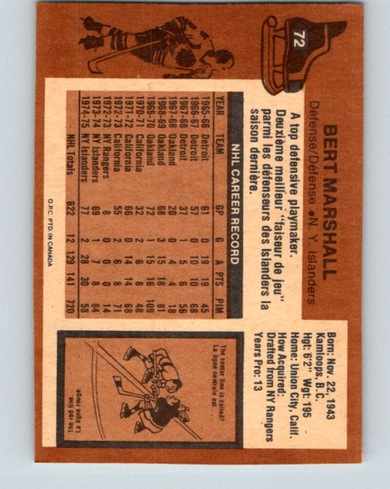 1975-76 O-Pee-Chee #72 Bert Marshall New York Islanders V5486