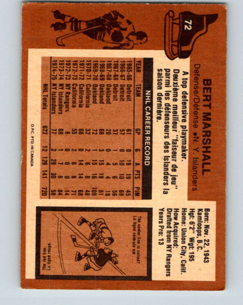 1975-76 O-Pee-Chee #72 Bert Marshall New York Islanders V5488
