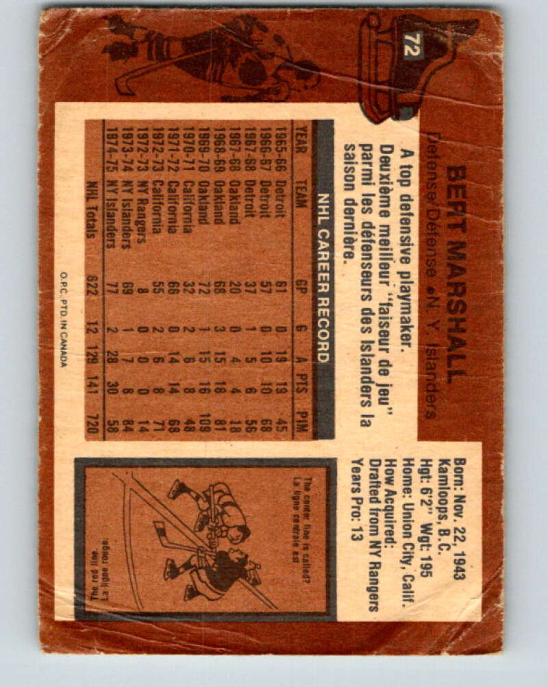 1975-76 O-Pee-Chee #72 Bert Marshall New York Islanders V5489