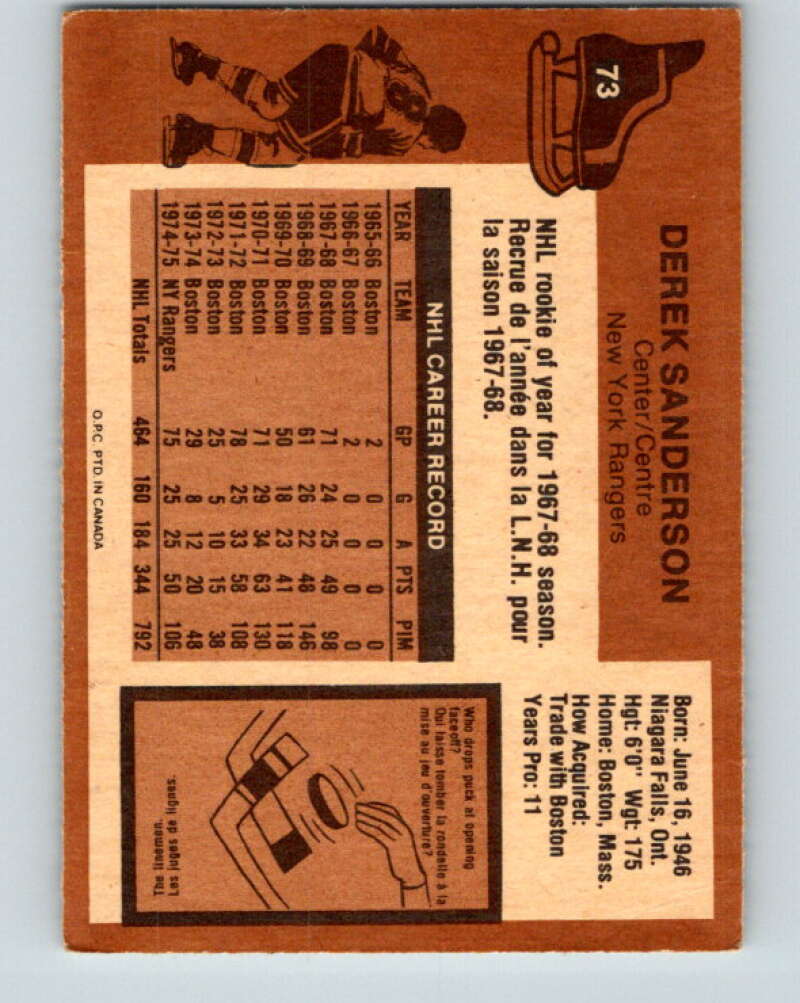 1975-76 O-Pee-Chee #73 Derek Sanderson New York Rangers V5490