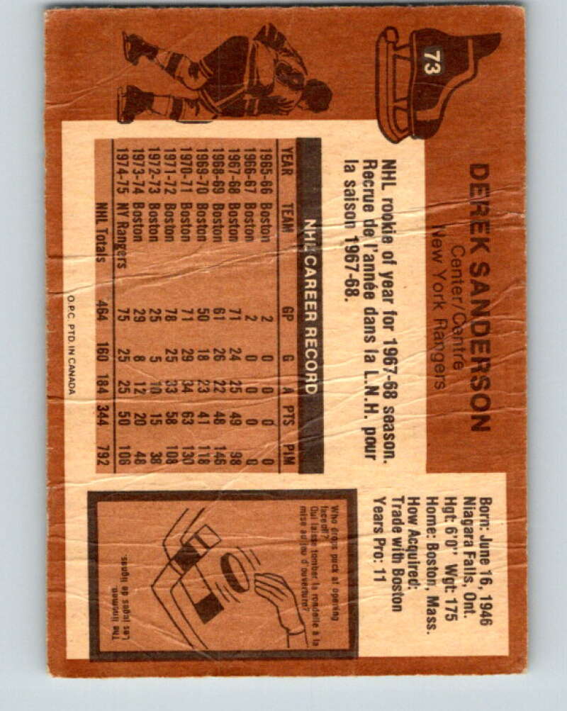 1975-76 O-Pee-Chee #73 Derek Sanderson New York Rangers V5491