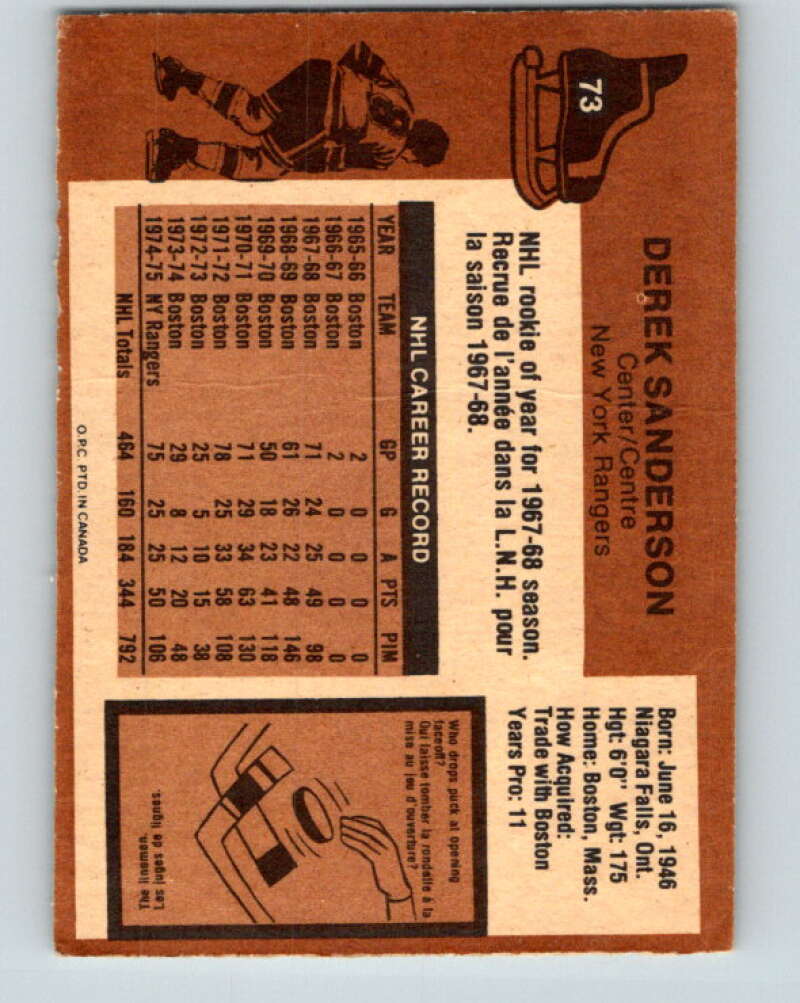 1975-76 O-Pee-Chee #73 Derek Sanderson New York Rangers V5492