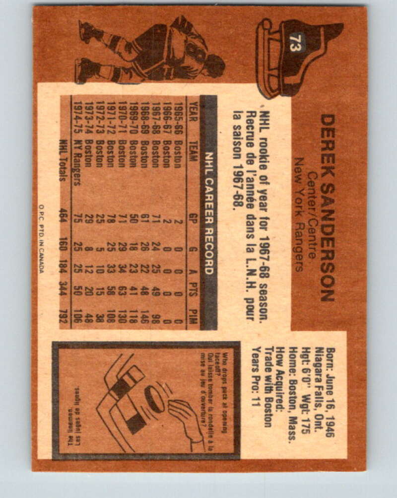 1975-76 O-Pee-Chee #73 Derek Sanderson New York Rangers V5493
